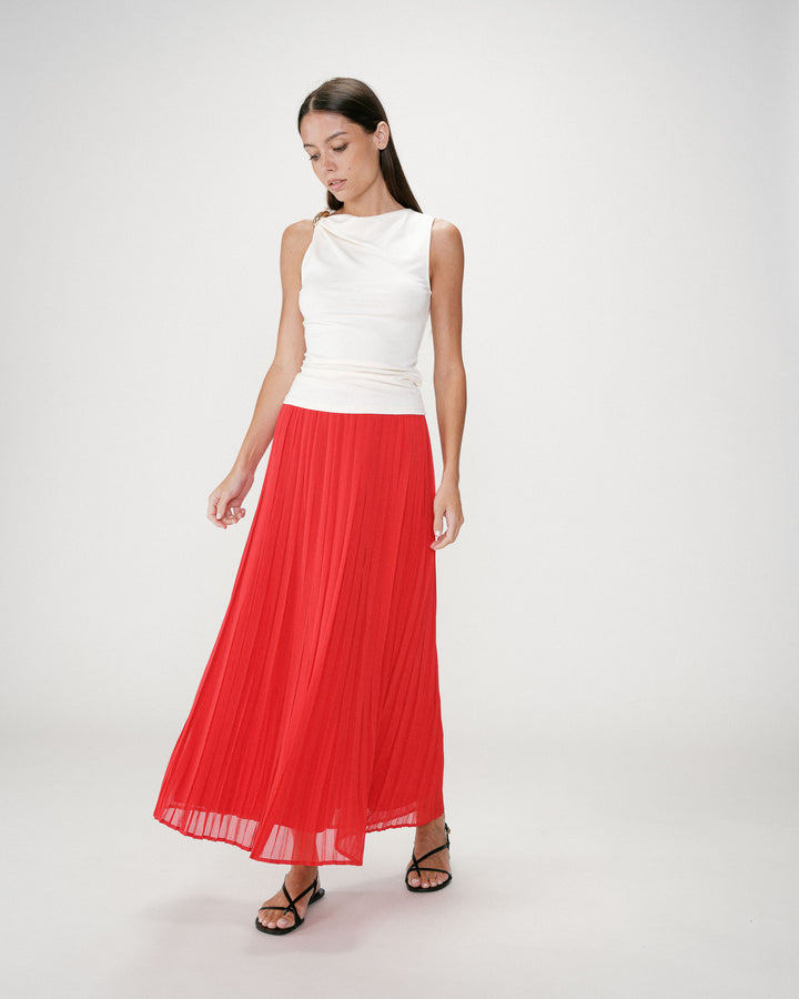 Flowing pleated long skirt rouge Walina