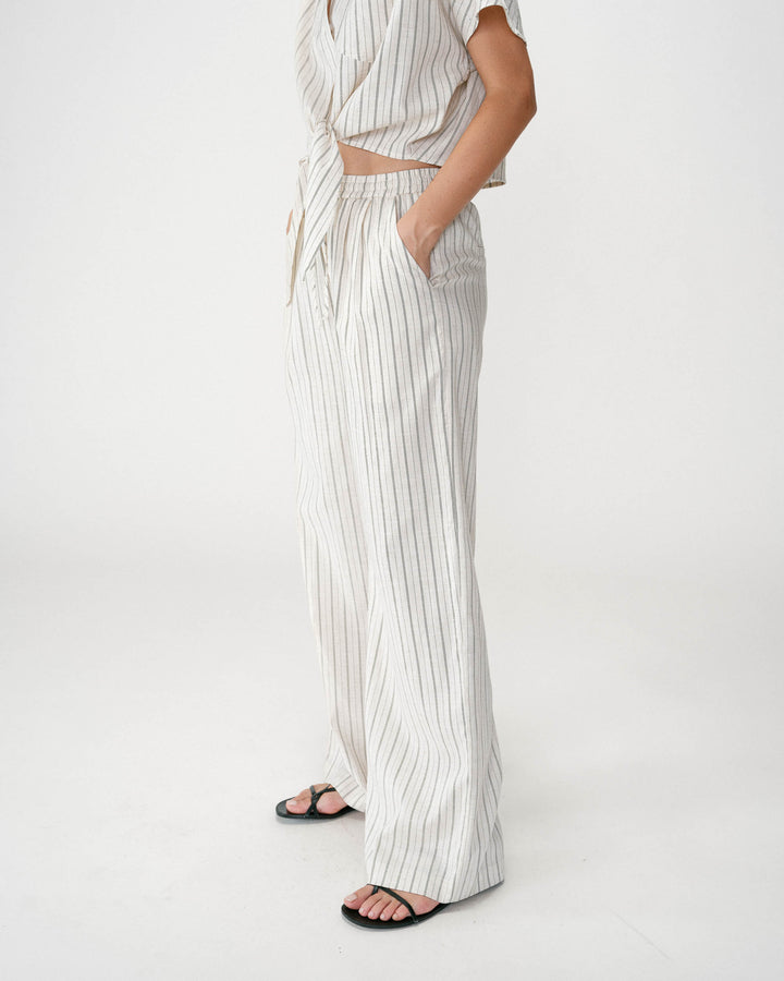 Pantalón amplio de lino y tencel a rayas sable Weston