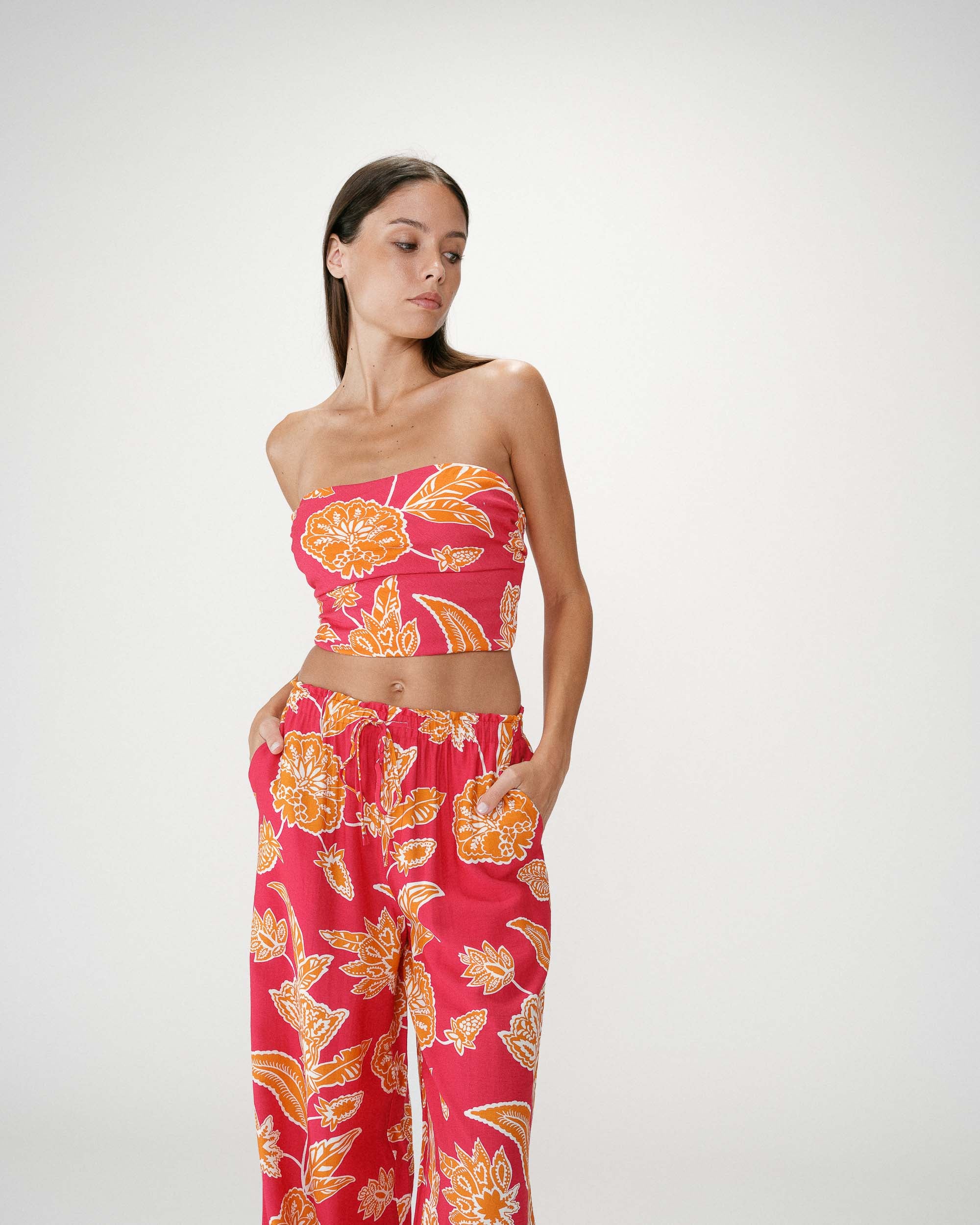 Flowing floral print pants with elastic waist fuchsia Woods