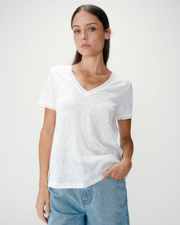 Straight V-neck short-sleeve top ivoire Willem