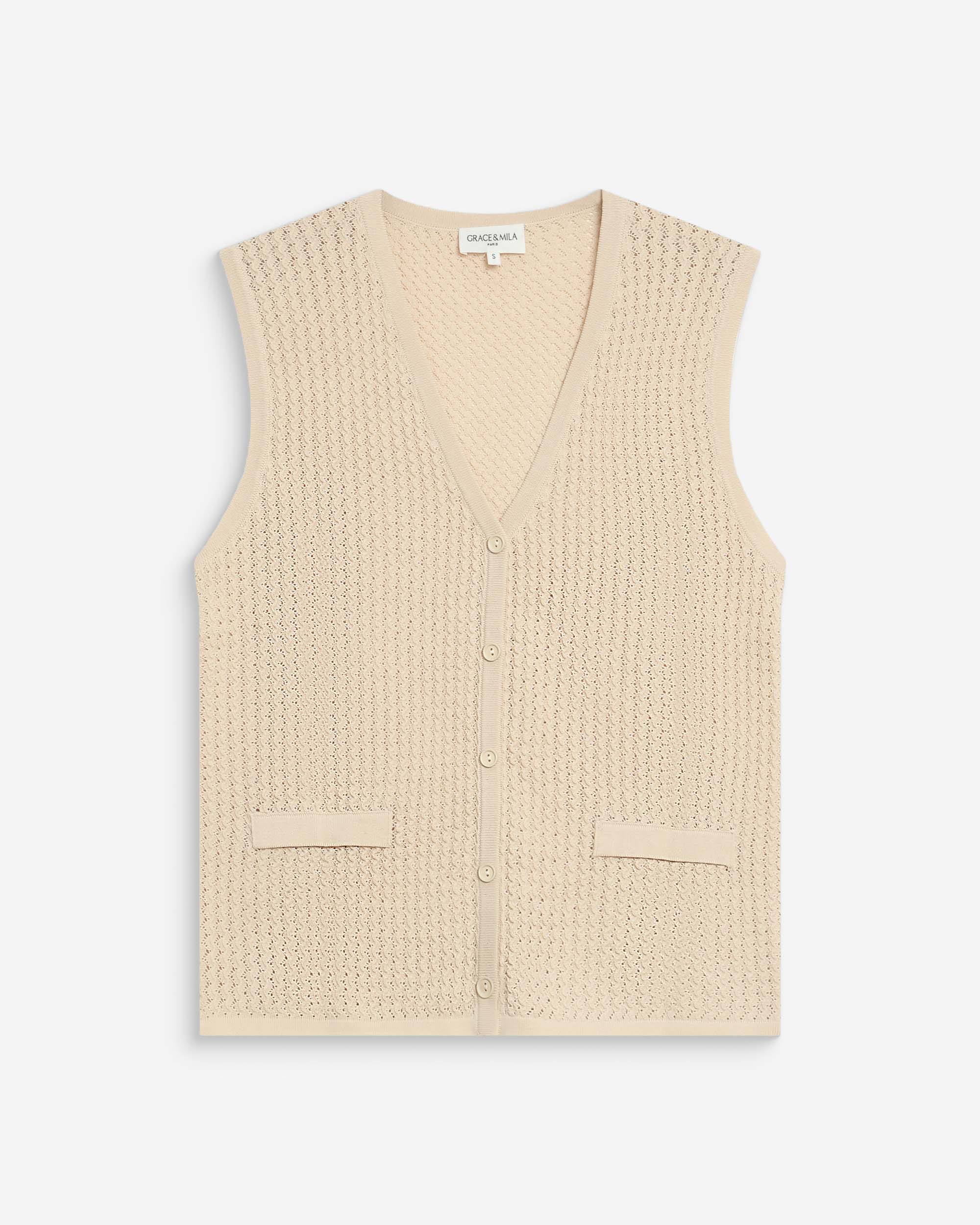 Cárdigan calado escote en V sin mangas beige Wayne