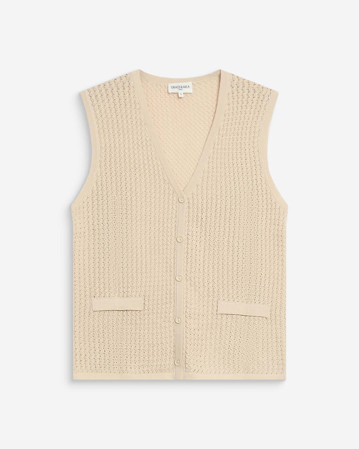 Cárdigan calado escote en V sin mangas beige Wayne