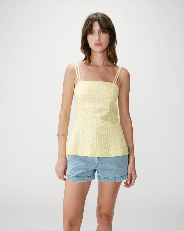 Fitted gingham cotton square-neck top jaune Wynel