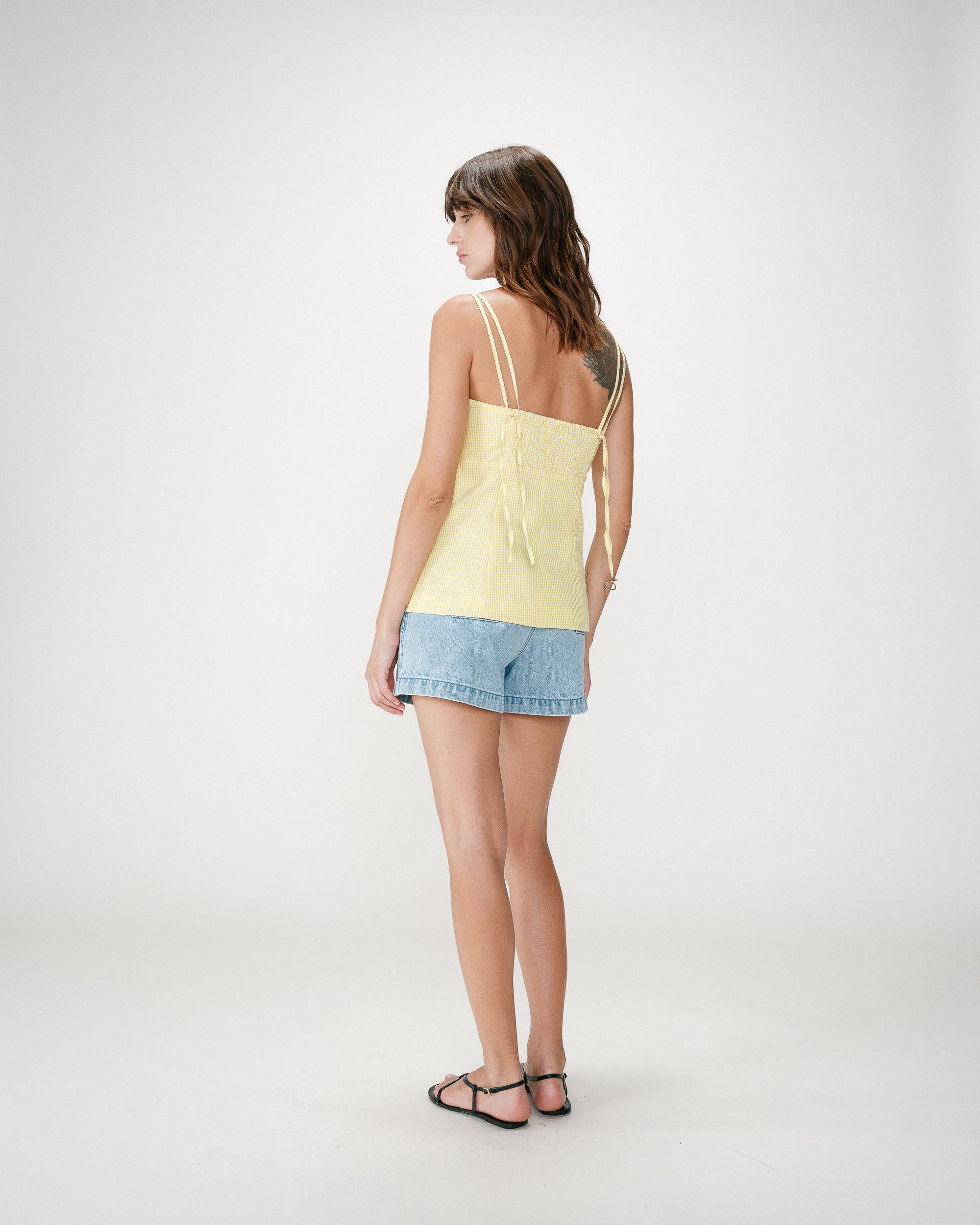 Fitted gingham cotton square-neck top jaune Wynel