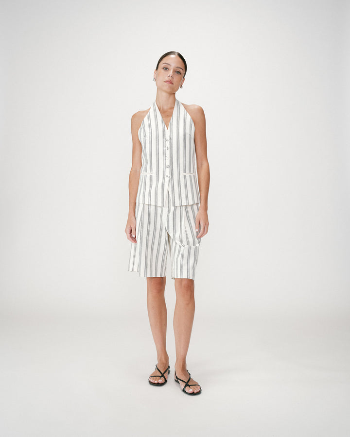 Gilet de tailleur col V dos nu rayure Winika