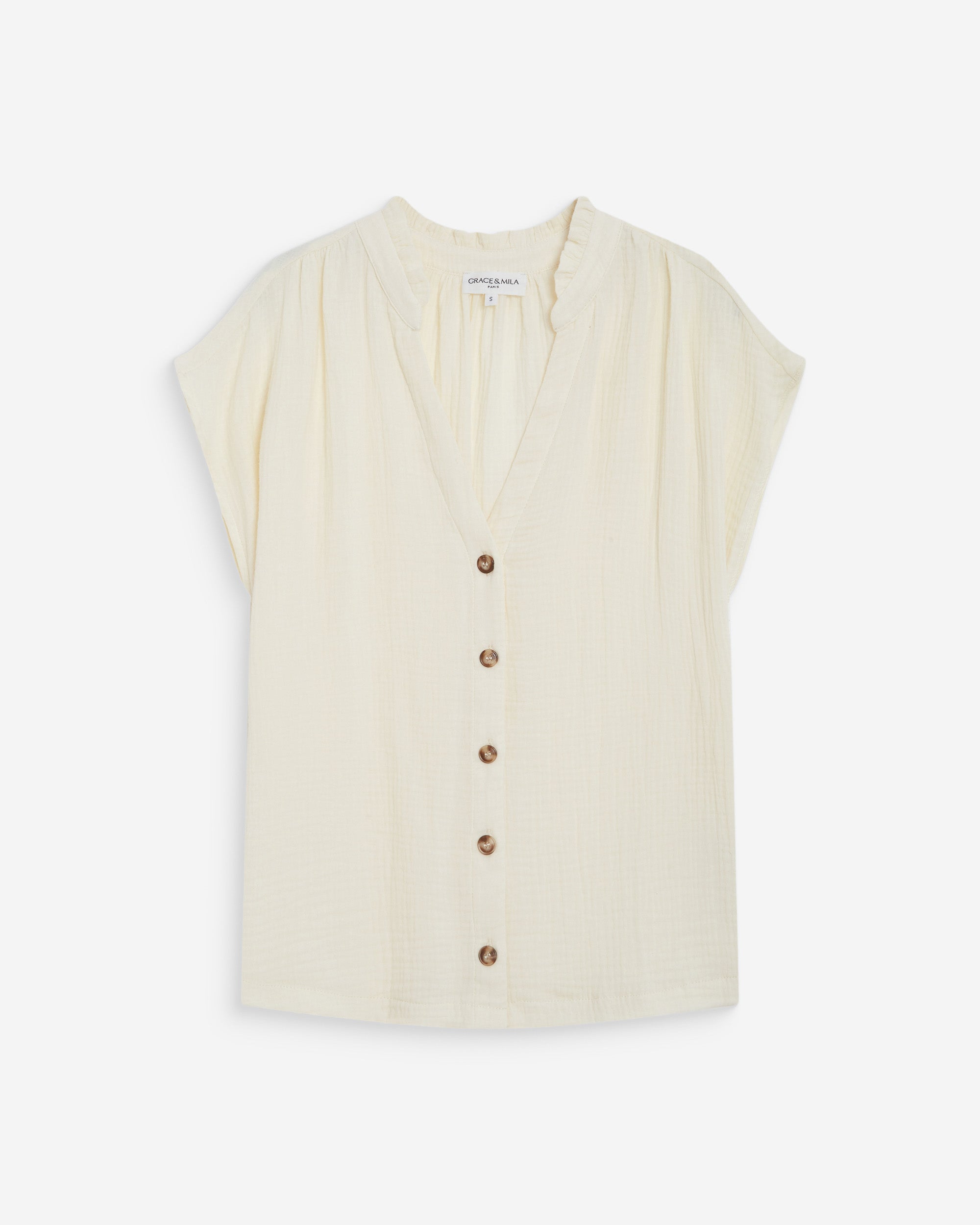Camisa de gasa de algodón manga corta ecru Wesra