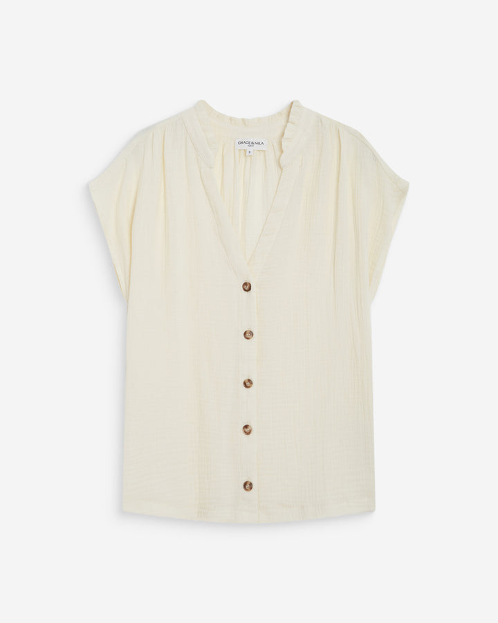 Camisa de gasa de algodón manga corta ecru Wesra