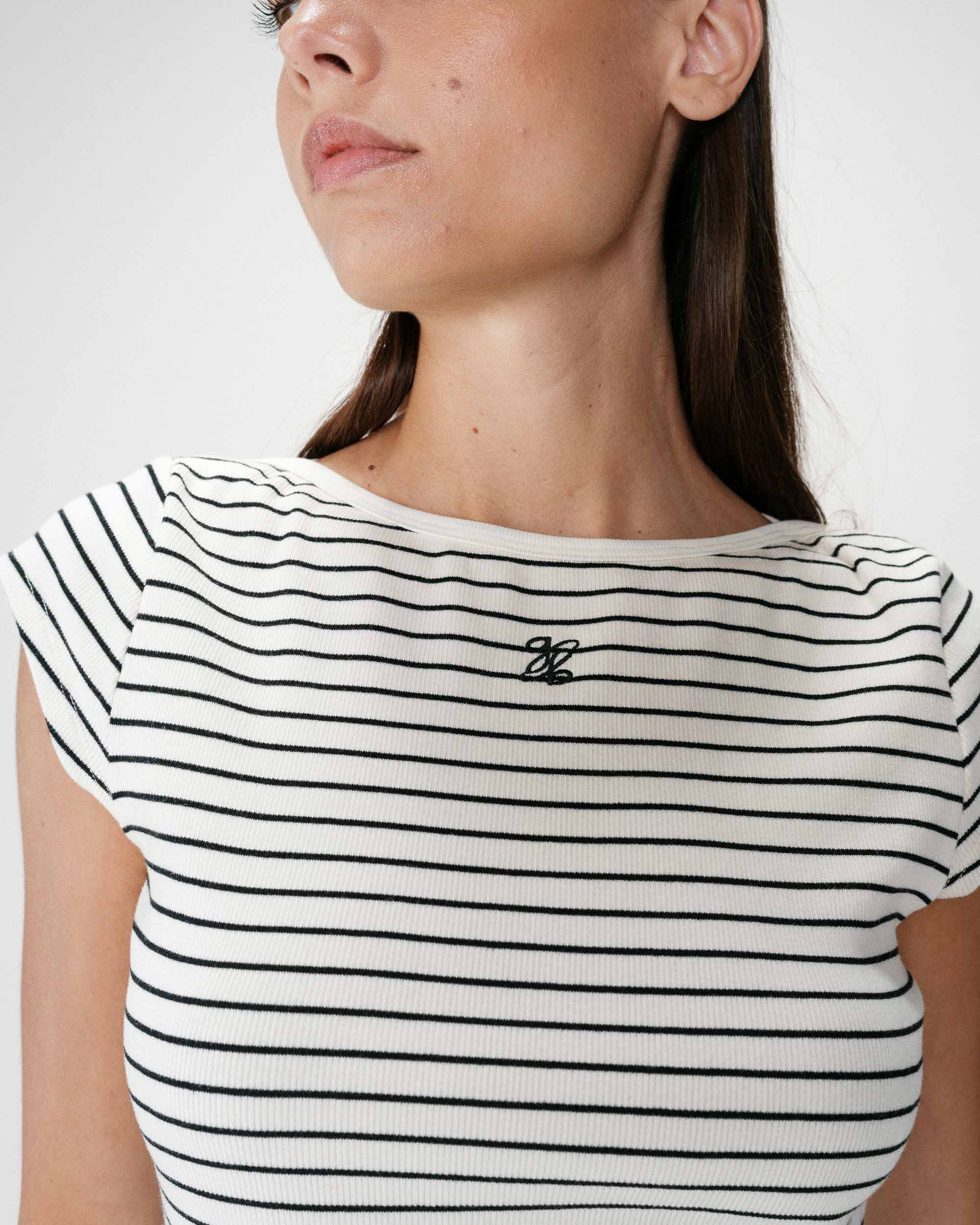 Fitted striped boat-neck T-shirt ecru Wake