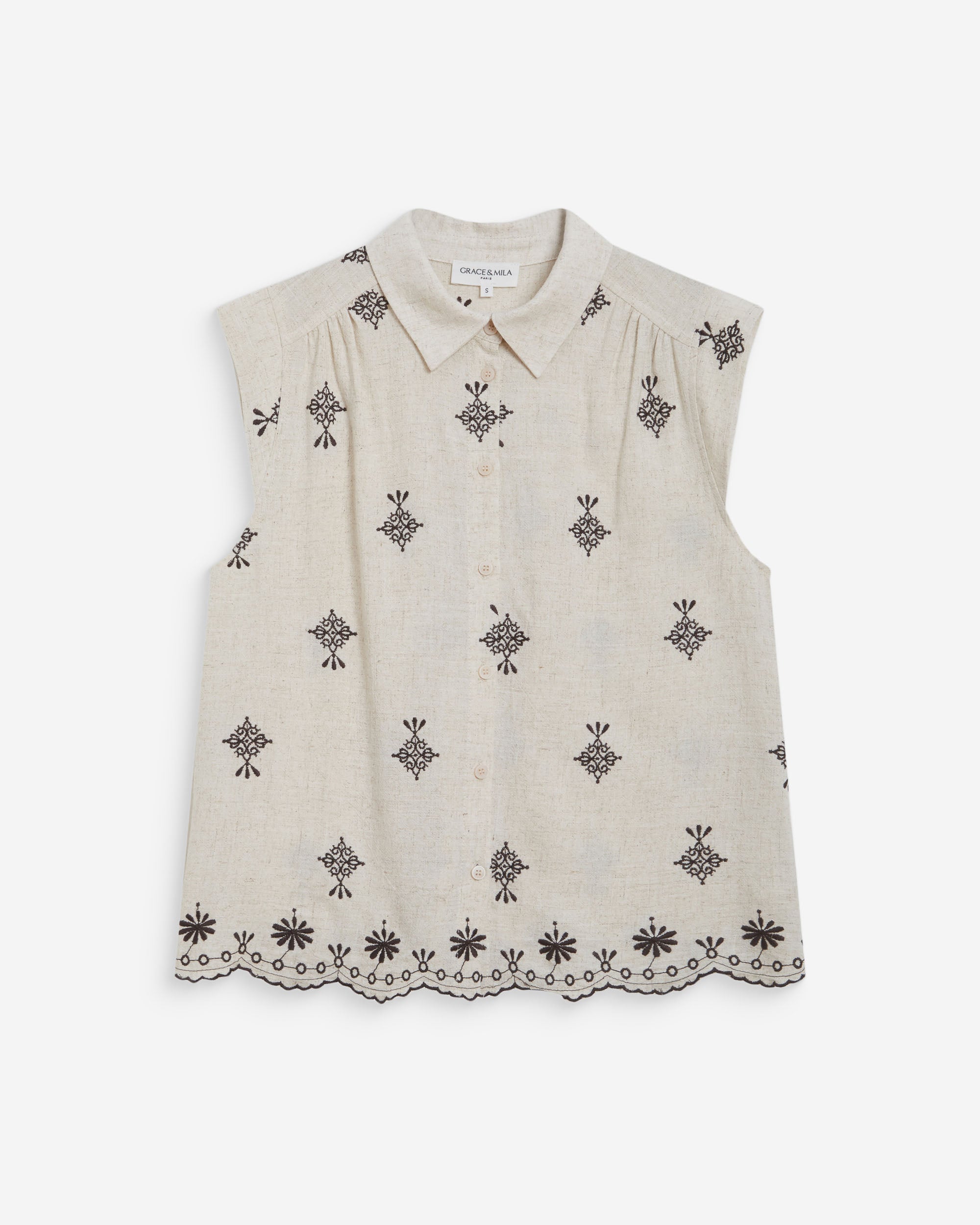 Camisa sin mangas con bordados chocolat Wisenna