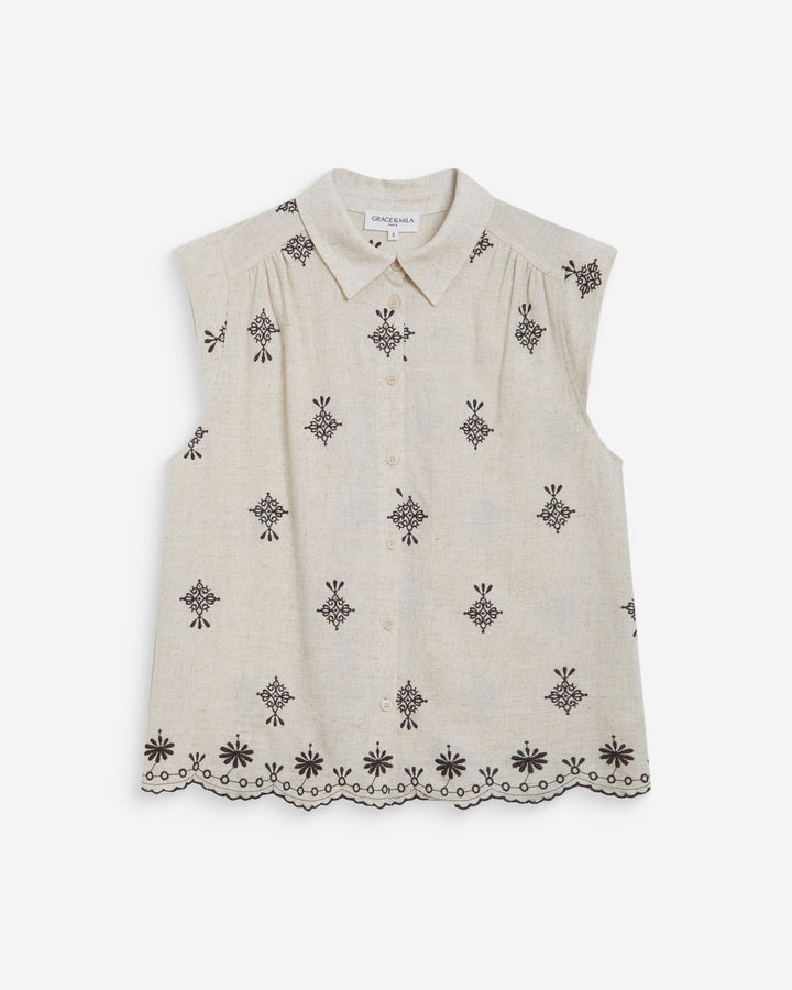 Camisa sin mangas con bordados chocolat Wisenna