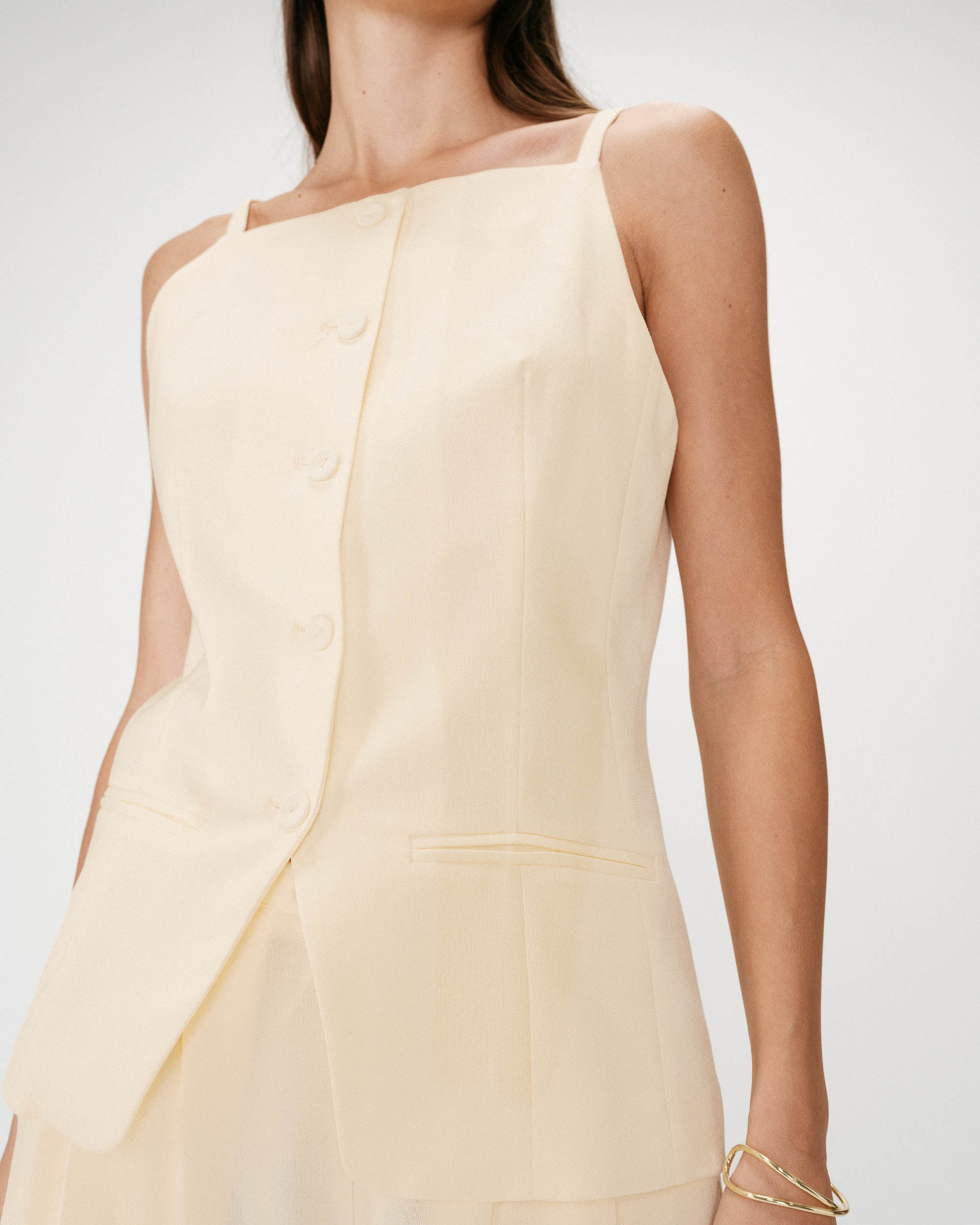 Gilet de tailleur en tencel et lin col carré jaune Winston