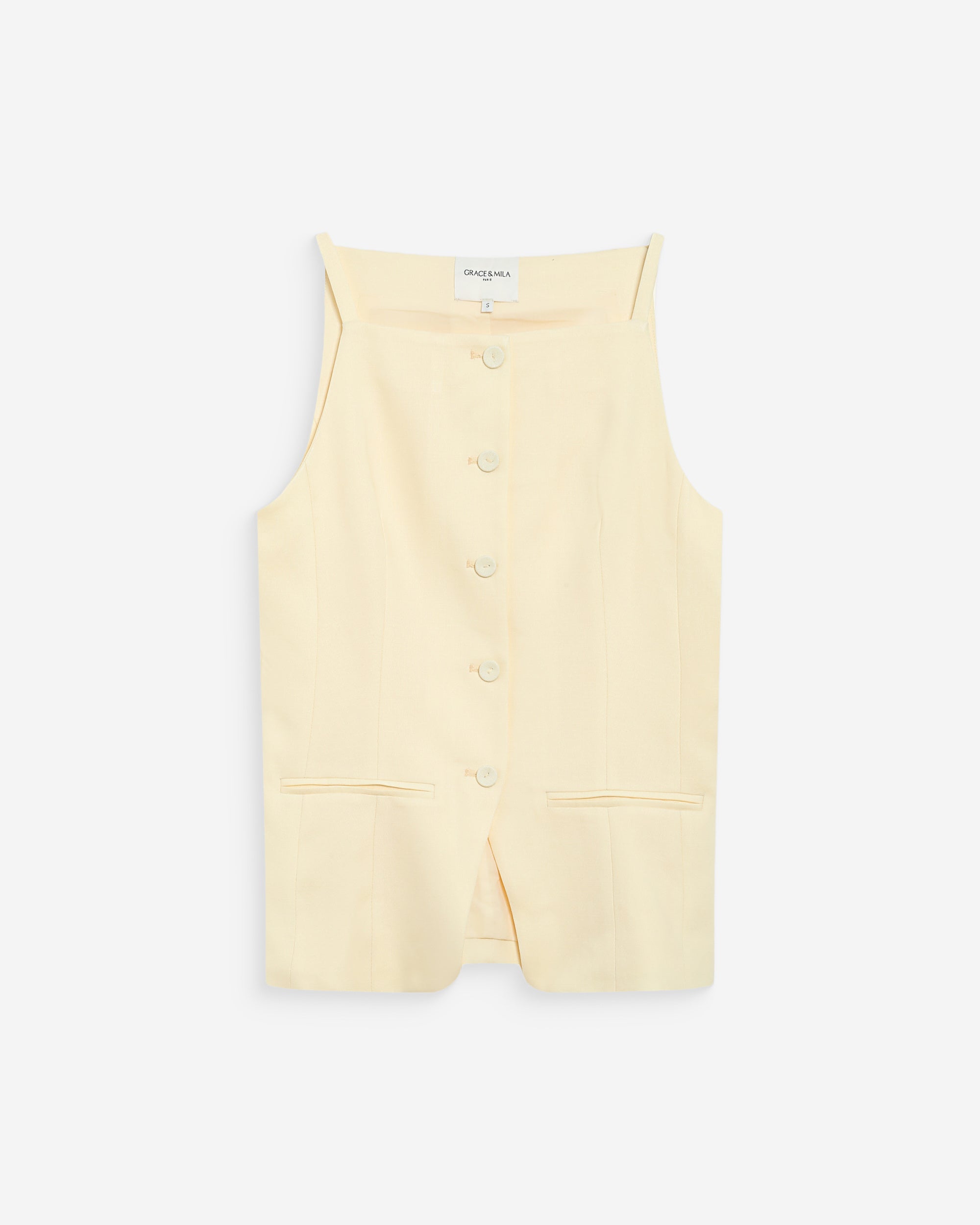 Gilet de tailleur en tencel et lin col carré jaune Winston