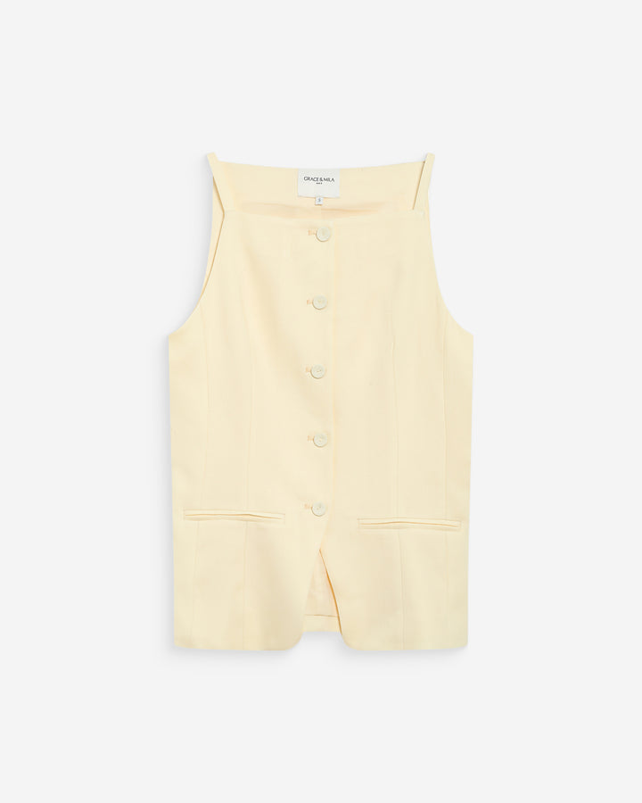 Gilet de tailleur en tencel et lin col carré jaune Winston