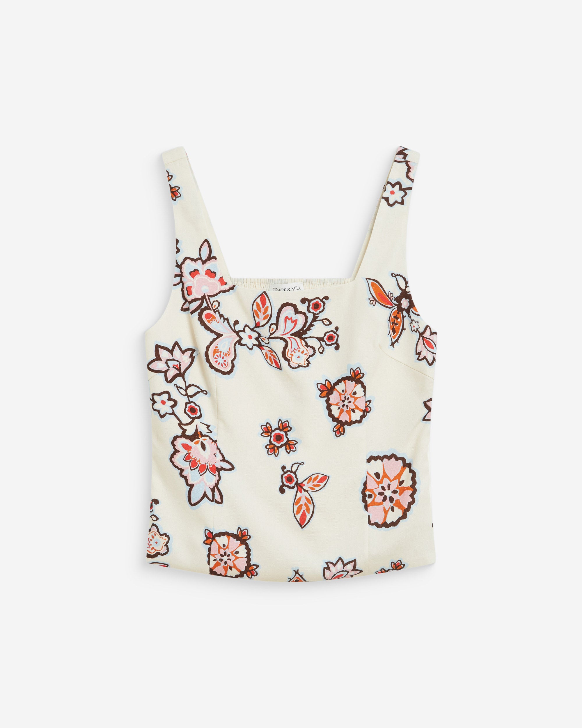 Fitted floral print square-neck top ecru Windsor