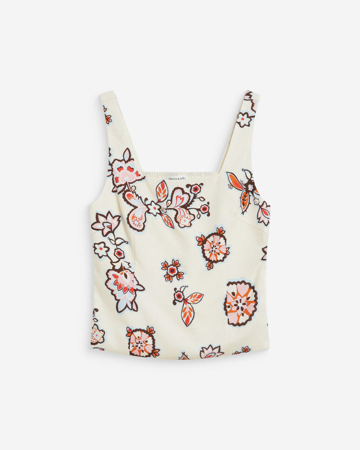 Fitted floral print square-neck top ecru Windsor