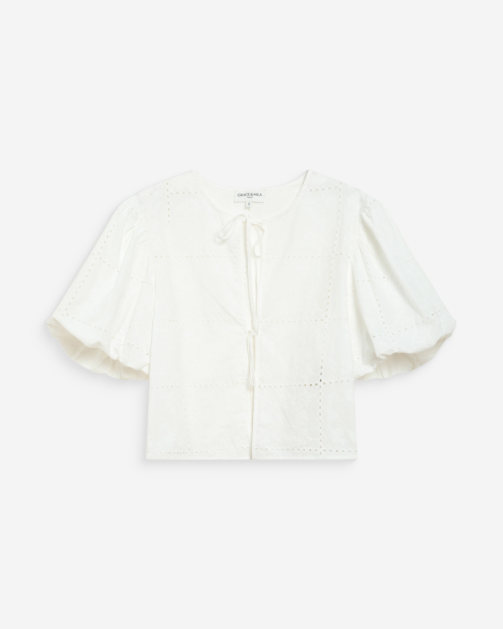 Blusa bordada con lazo y mangas globo white Wylette