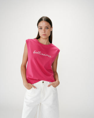 Top de algodón cuello redondo con mensaje fuchsia Willow