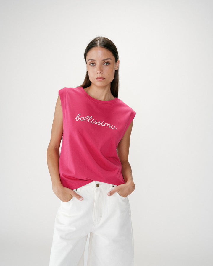 Top de algodón cuello redondo con mensaje fuchsia Willow