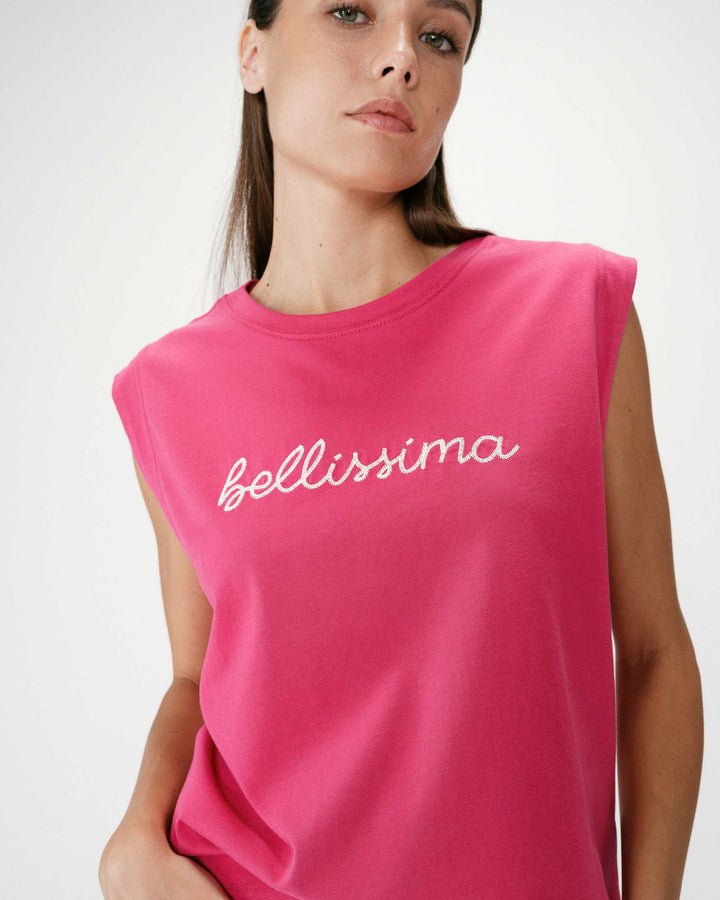 Top de algodón cuello redondo con mensaje fuchsia Willow