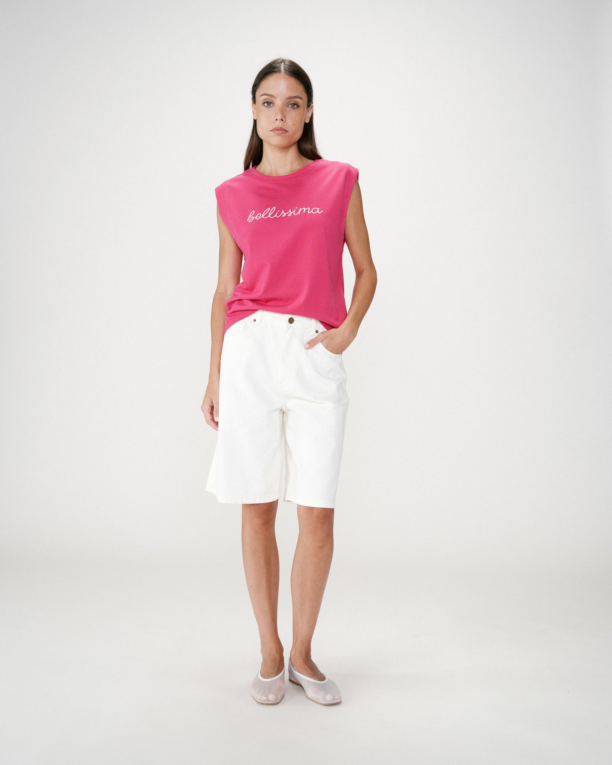 Top de algodón cuello redondo con mensaje fuchsia Willow