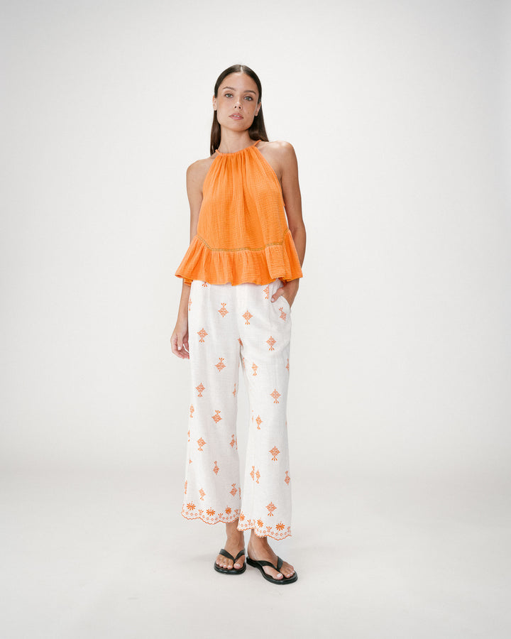 Sleeveless ruched cotton gauze top orange Widy