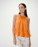 Sleeveless ruched cotton gauze top orange Widy