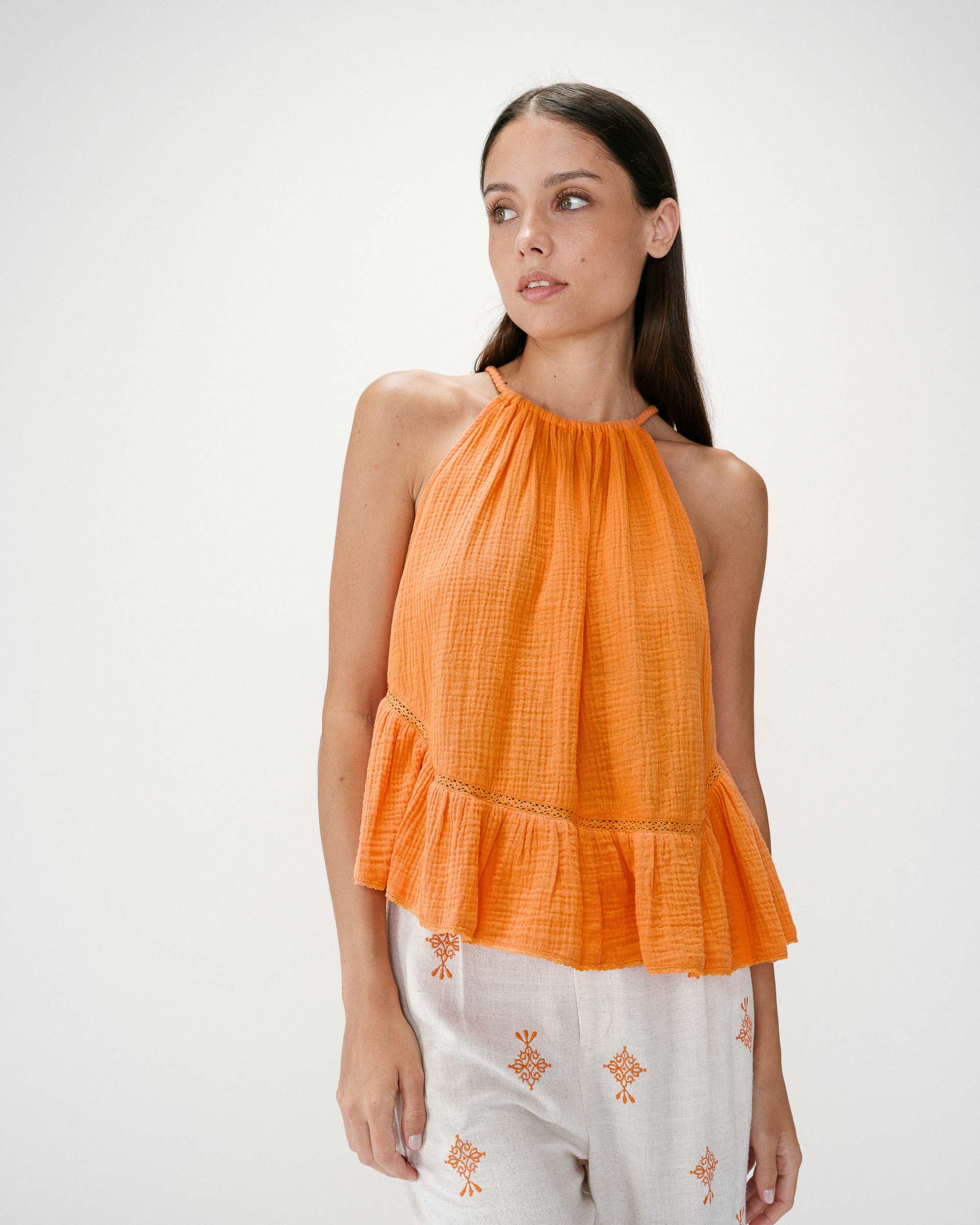 Sleeveless ruched cotton gauze top orange Widy