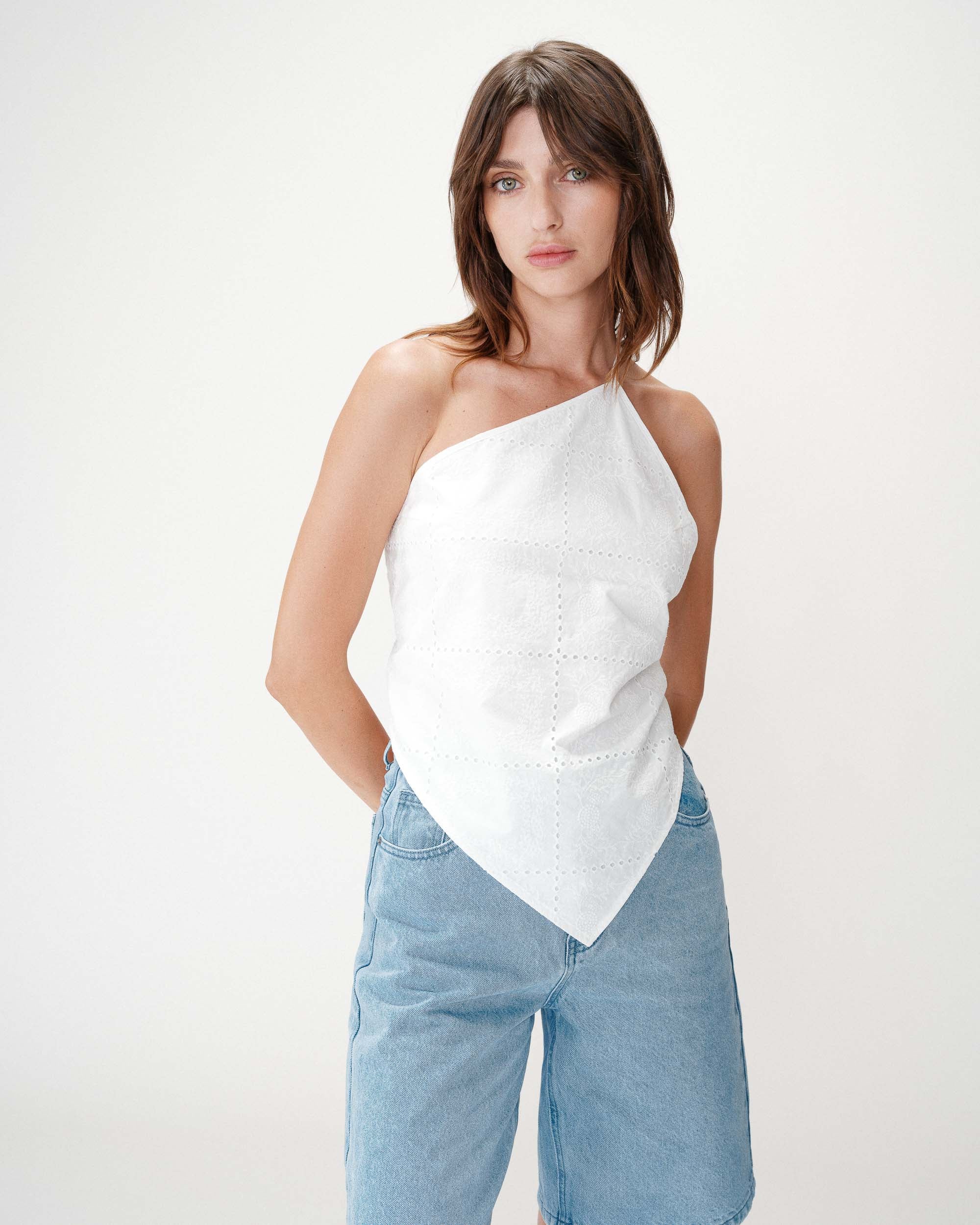 Asymmetric embroidered cotton backless top white Waiting
