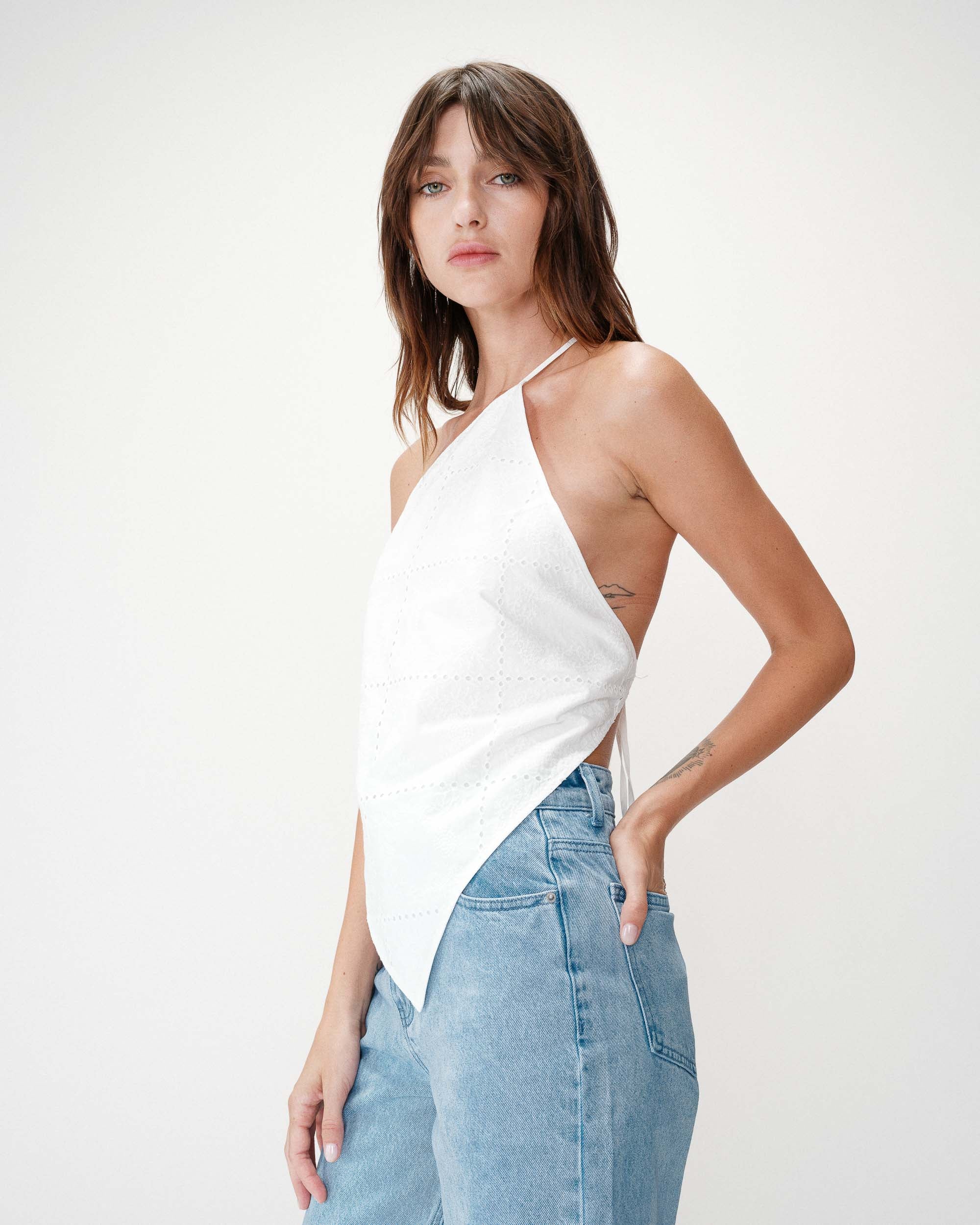 Asymmetric embroidered cotton backless top white Waiting