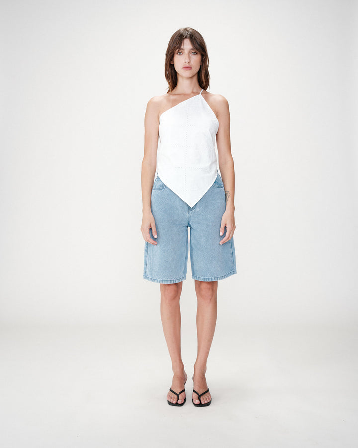 Asymmetric embroidered cotton backless top white Waiting