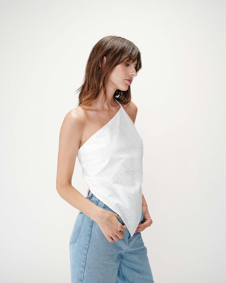 Asymmetric embroidered cotton backless top white Waiting